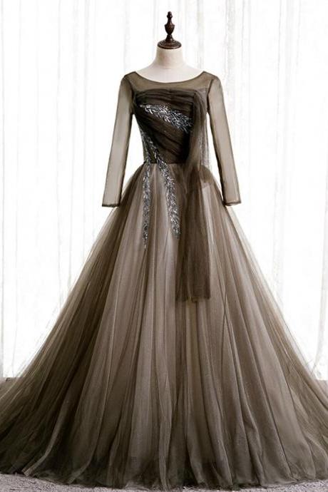 Gray Tulle Long Sleeve Pleats Beading Prom Dress,pl1160