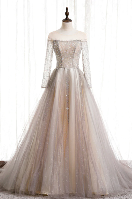 Champagne Tulle Long Sleeve Beading Prom Dress,pl1161