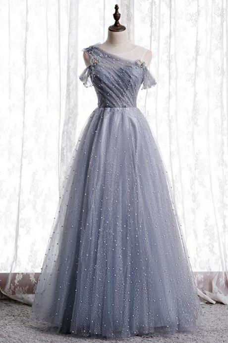 Gray Tulle Sequins Scoop Pearls Formal Prom Dress,pl1162