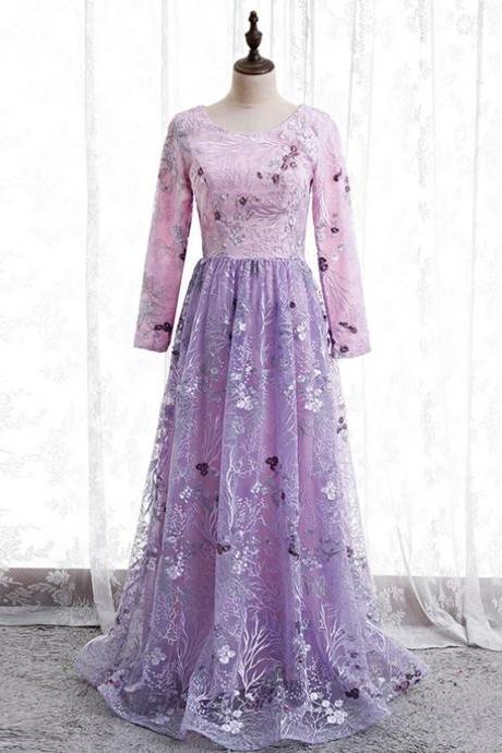 A-line Purple Tulle Embroidery Long Sleeve Prom Dress,pl1164