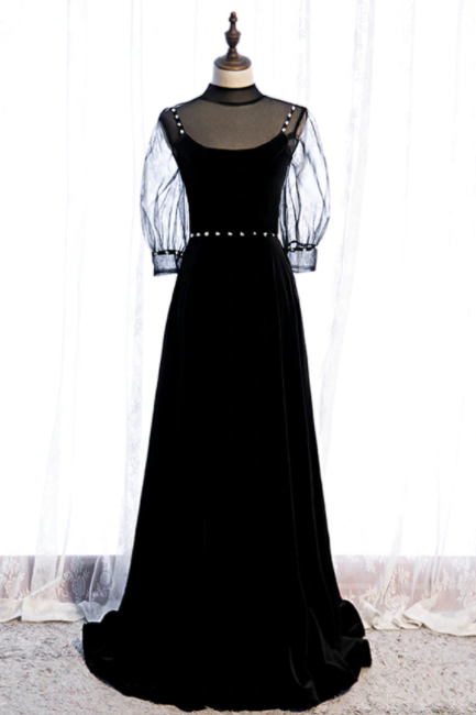 Black Velvet High Short Sleeve Backless Beading Prom Dress,pl1165