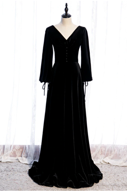 Black Velvet Long Sleeve Button Pleats Prom Dress,pl1166