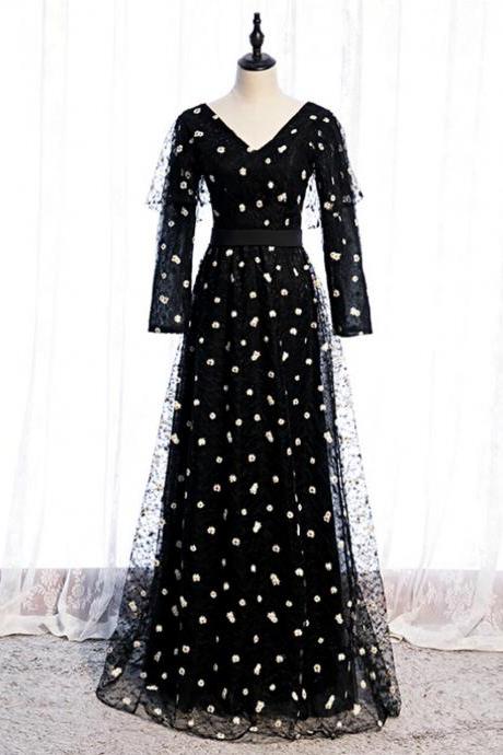 Black Tulle Long Sleeve V-neck Little Daisy Prom Dress,pl1167
