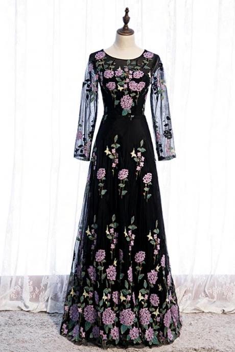 Black Tulle Embroidery Long Sleeve Scoop Prom Dress,pl1171