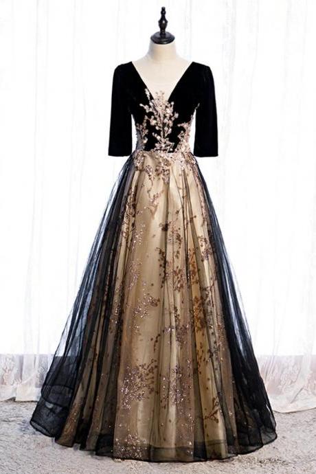 Black Tulle Velvet Short Sleeve Sequins Prom Dress,pl1172