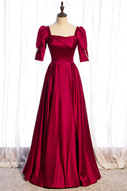 Burgundy Satin Square Short Sleeve Pearls Prom Dress,pl1175