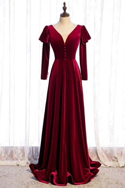 Dark Burgundy Velvet Long Sleeve V-neck Button Prom Dress,pl1176