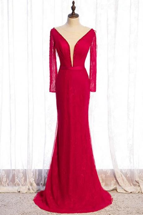 Burgundy Mermaid Lace Long Sleeve Beading Prom Dress,PL1178