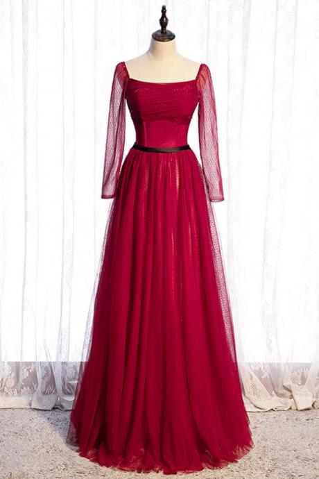 Burgundy Tulle Square Long Sleeve Prom Dress,pl1184