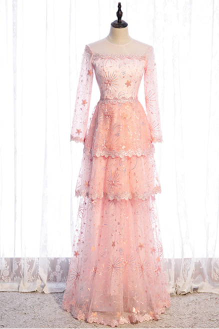 Pink Tulle Sequins Long Sleeve Tiers Prom Dress,pl1186