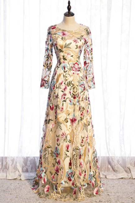 A-line Gold Tulle Embroidery Long Sleeve Prom Dress,pl1187