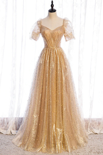 Gold Tulle Sequins Square Short Sleeve Pearls Prom Dress,pl1188