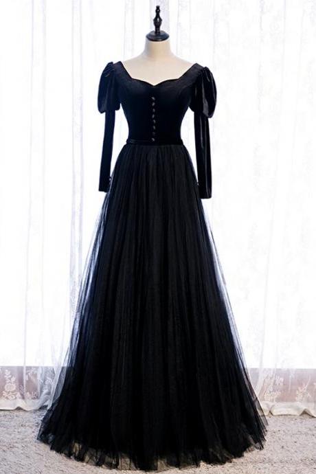 Black Tulle Velvet Long Sleeve Square Prom Dress,pl1190