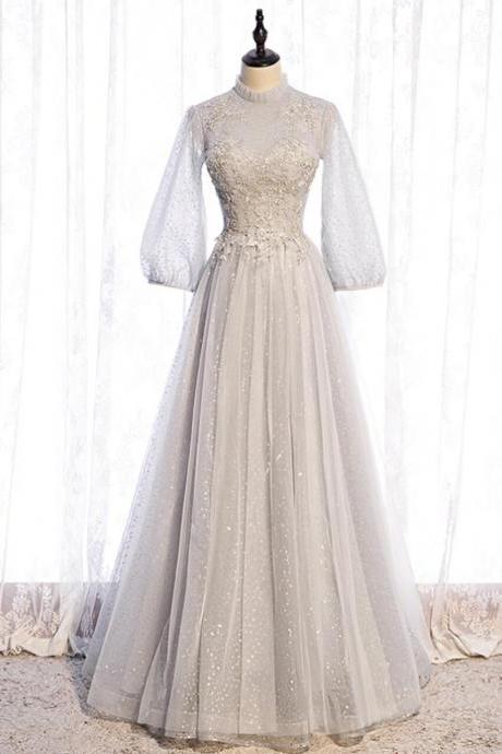 Gray Tulle Long Sleeve Sequins Beading Prom Dress,pl1191