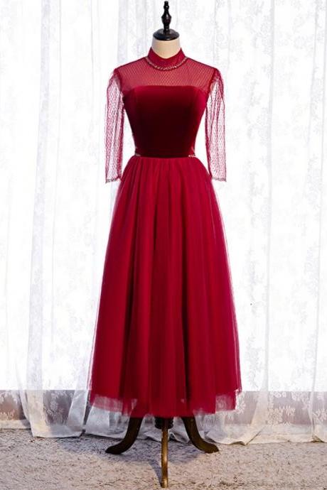 Formal Tulle Burgundy Short Sleeve High Neck Prom Dress,PL1193