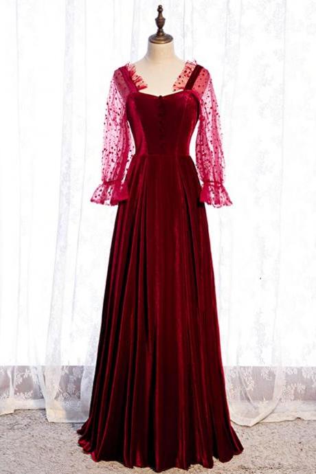 A-line Burgundy Velvet Square Long Sleeve Wave Point Prom Dress,pl1199