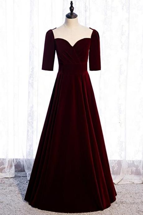 Burgundy Velvet Short Sleeve Scoop Prom Dress,pl1202