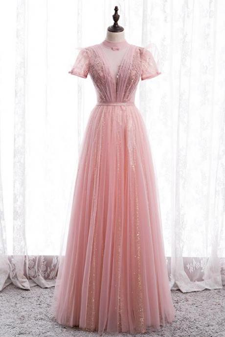 Pink Tulle Sequins High Neck Short Sleeve Beading Pleats Prom Dress,pl1207