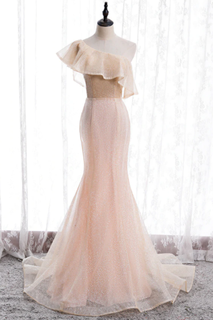 Champagne Mermaid Sequins One Shoulder Prom Dress,pl1209
