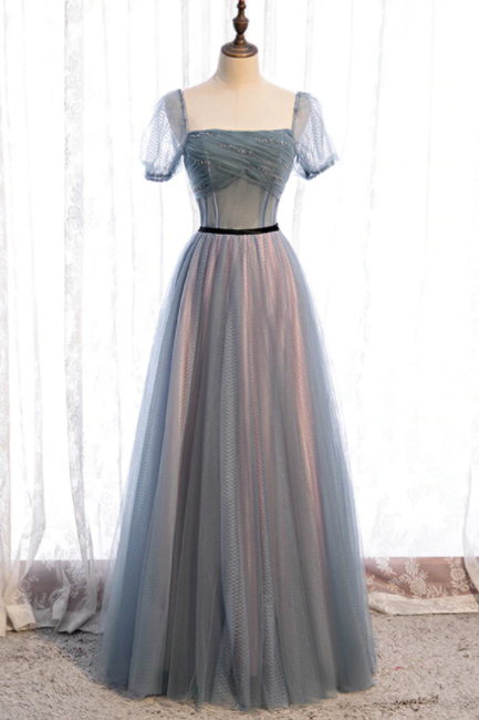 Blue Tulle Square Short Sleeve Pleats Beading Prom Dress,pl1216
