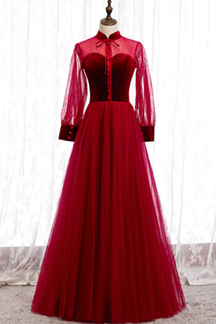 Burgundy Tulle Velvet Long Sleeve Button Prom Dress,pl1217