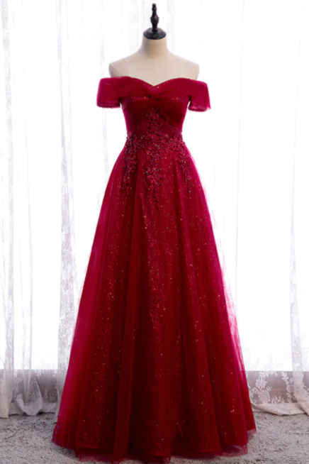 Burgundy Tulle Off the Shoulder Sequins Beading Prom Dress,PL1219