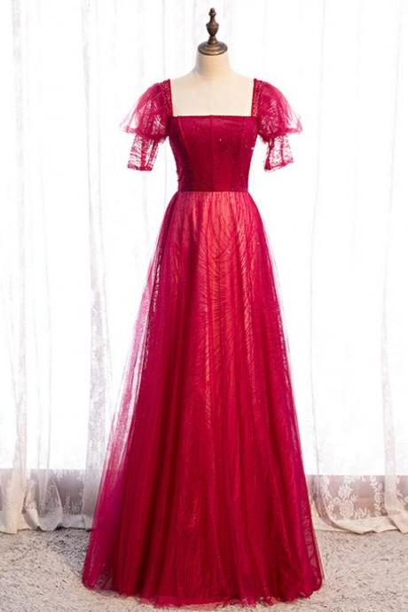 Burgundy Tulle Square Short Sleeve Beading Prom Dress,pl1223
