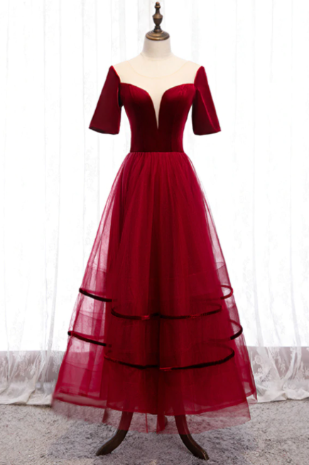 Burgundy Tulle Velvet Short Sleeve Ankle Length Prom Dress,PL1225
