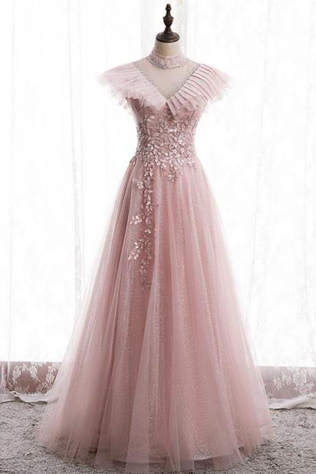 Pink Tulle Sequins High Neck Backless Appliques Prom Dress,pl1227