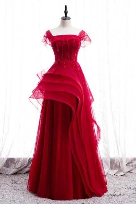 Fashion Burgundy Tulle Straps Beading Prom Dress,pl1229