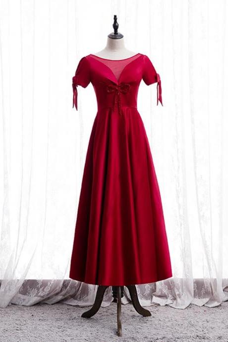 A-Line Burgundy Satin Short Sleeve Beading Prom Dress,PL1230