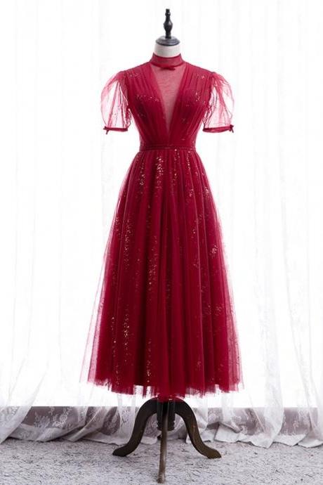 Burgundy Tulle High Neck Short Sleeve Prom Dress,PL1237