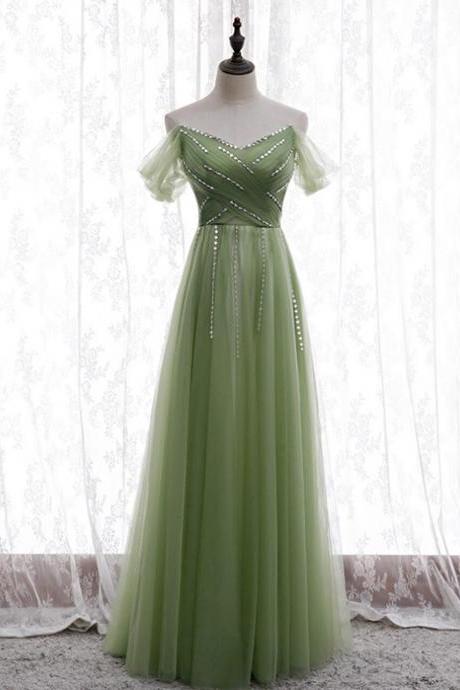 Green Tulle Strapless Pleats Beading Prom Dress,pl1240