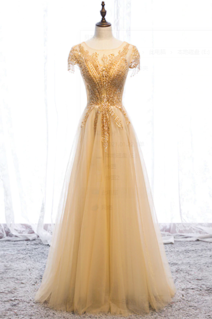Popular Gold Tulle Cap Sleeve Scoop Beading Prom Dress,pl1243