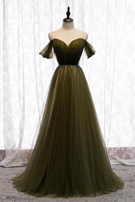 Dark Green Tulle V-neck Pleats Prom Dress,pl1244