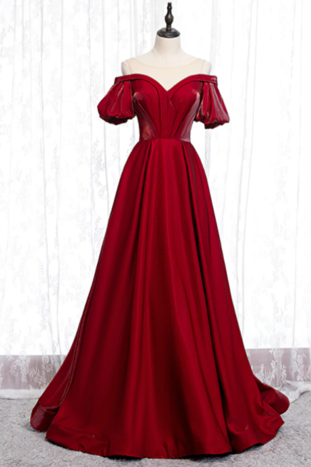 A-line Burgundy Satin Puff Sleeve Cold Shoulder Prom Dress,pl1247