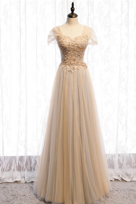 Champagne Tulle Sweetheart Beading Sequins Prom Dress,pl1249