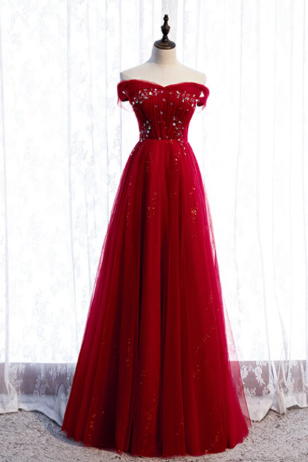 A-line Burgundy Tulle Off The Shoulder Sequins Prom Dress,pl1252