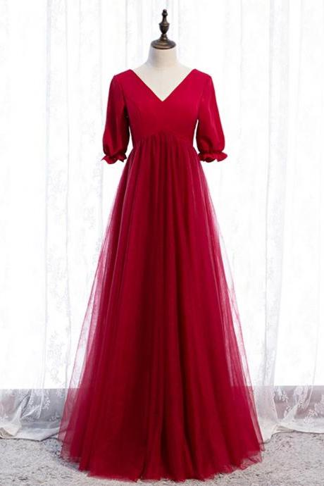 Burgundy Tulle V-neck Short Sleeve High Waist Prom Dress,PL1253