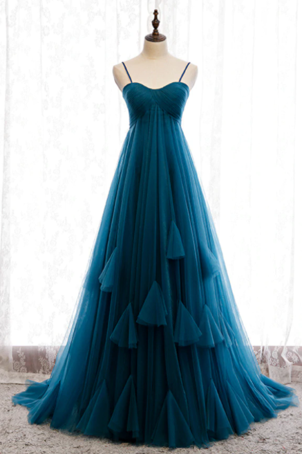 Blue Tulle Spagehtti Straps High Waist Pleats Prom Dress,pl1254