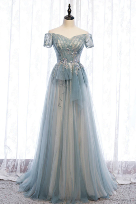 A-Line Blue Tulle Off the Shoulder Short Sleeve Prom Dress,PL1261