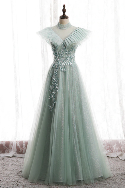 A-Line Green Tulle Sequins High Neck Backless Appliques Prom Dress,PL1262