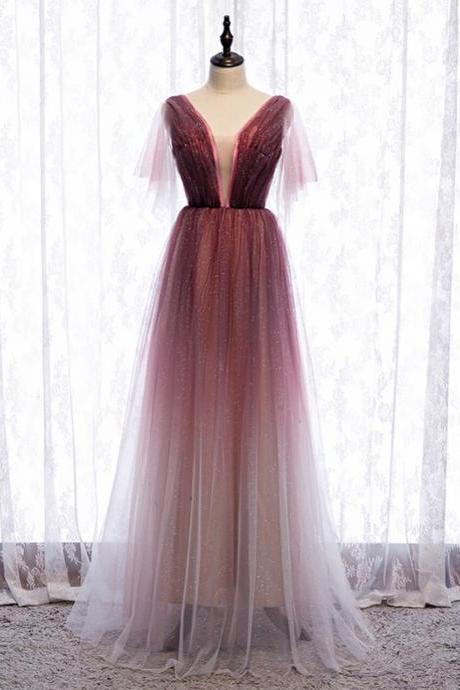 A-line Burgundy Tulle Deep V-neck Pleats Prom Dress,pl1269