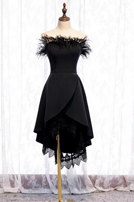 A-Line Black Satin Hi Lo Lace Of the Shoulder Prom Dress,PL1272