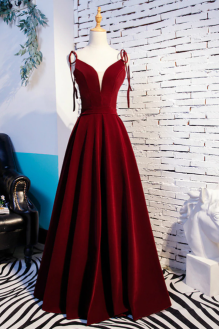 A-line Burgundy Velvet Spaghetti Straps Prom Dress,pl1274