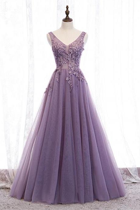 V Neck Purple Beading Appliques Tulle A Line Prom Dress,PL1287