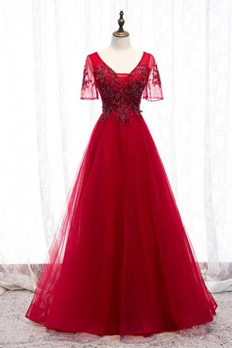 Red Short Sleeves Tulle V Neck Appliques Beading Prom Dress,pl1292