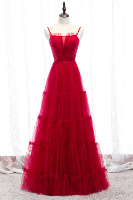 Spaghetti Straps Tulle Floor Length Red Pleats Prom Dress,pl1293