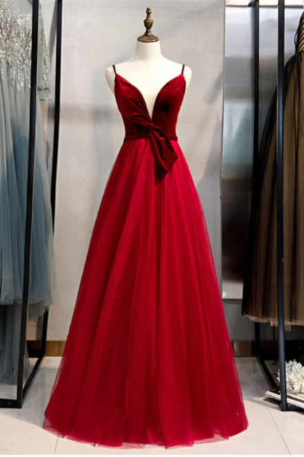 Spaghetti Straps Satin Velvet Tulle Long Prom Dress With Bow,pl1294