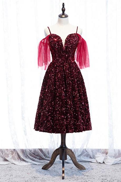 Sparkle Sequin Burgundy Tea Length Spaghetti Straps Prom Dress,pl1296